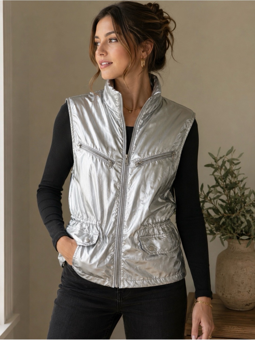 Ralph Lauren- lauren active silver metallic zip up vest size large